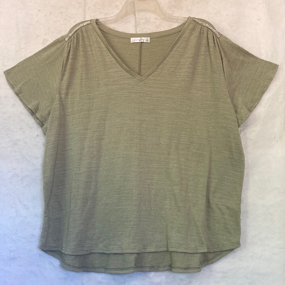 Retrelogy Light Olive Green Rhinestone Embellished V Neck Pullover Dressy Top